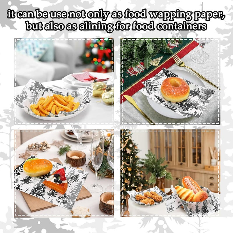 Welpurch 150Pcs Christmas Tree Deli Paper, 9.8 x 8.3'' Forest Grease Proof Food Deli Sheets, Resistant Sandwich Wrap Liners Greaseproof Food Wax Paper for Xmas Winter Party Supplies (Black) - Image 5